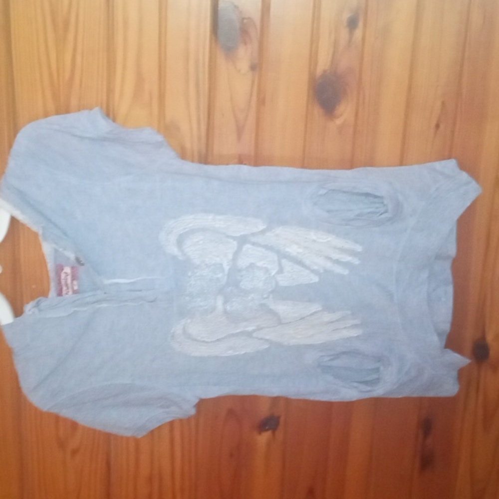 women small light blue top with ivory crochet accents, with hood